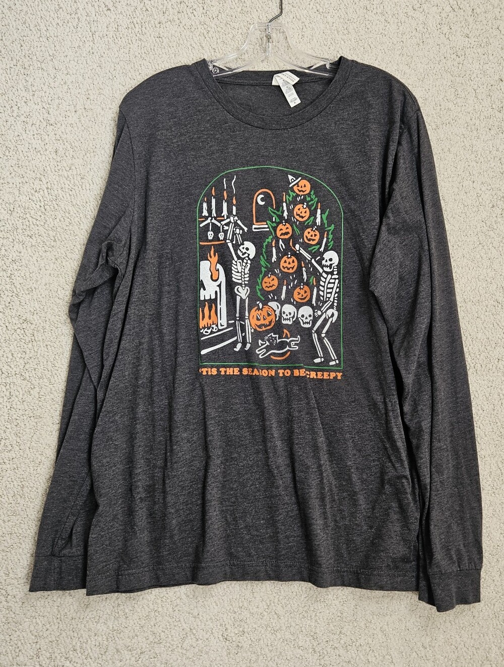 Halloween Shirt Long Sleeve Skeleton Bella Canvas Unisex XL Gray Graphic
